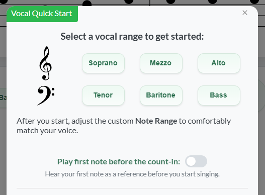 Screenshot of the Vocal Quick Start modal